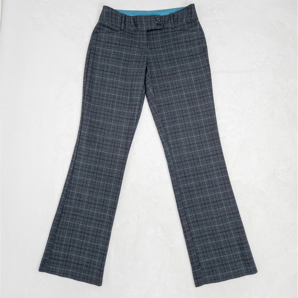 Y2K No Boundaries Plaid Pants -‎ Black Gray Blue Check Stretch Flare Trousers